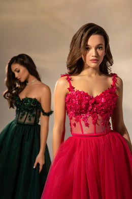 Women's Velvet Ribbon 3D Flower Shoulder Straps Evening Gown Set