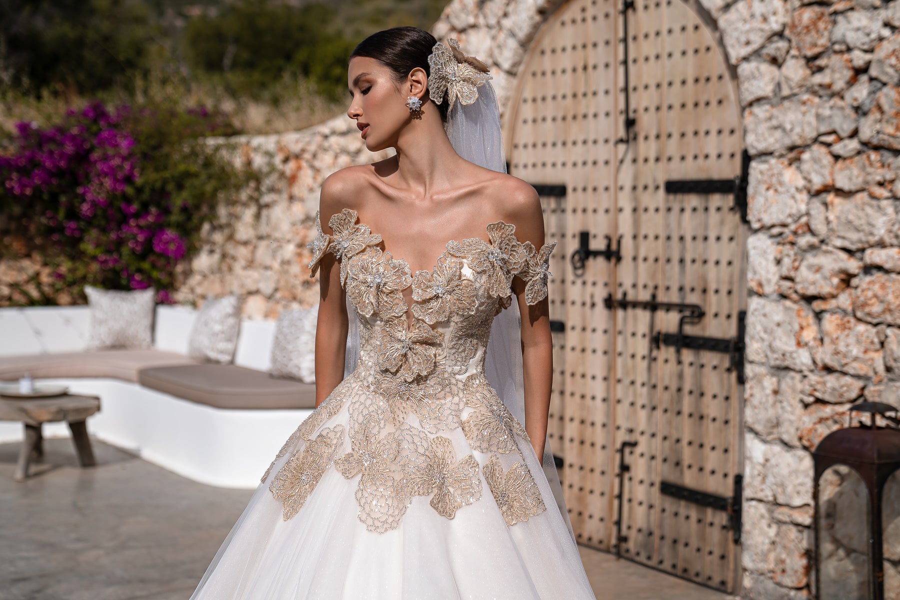 Ball Gown Wedding Dress with Gold Floral Appliqués