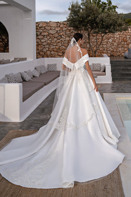 Designer Original "Spanish" Veil with Guipure, Beads, Pearls, Crystals, and Sequins - 1.5x1.5m with Loops