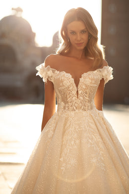 Sparkling Bridal Ballgown with Lacing, Buttons Back, Short Sleeves with 3D Lace, and Deep V-Neck