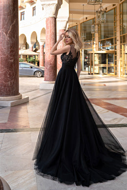 Women's Black Prom Dress with Slit Skirt, Lace and Sequins