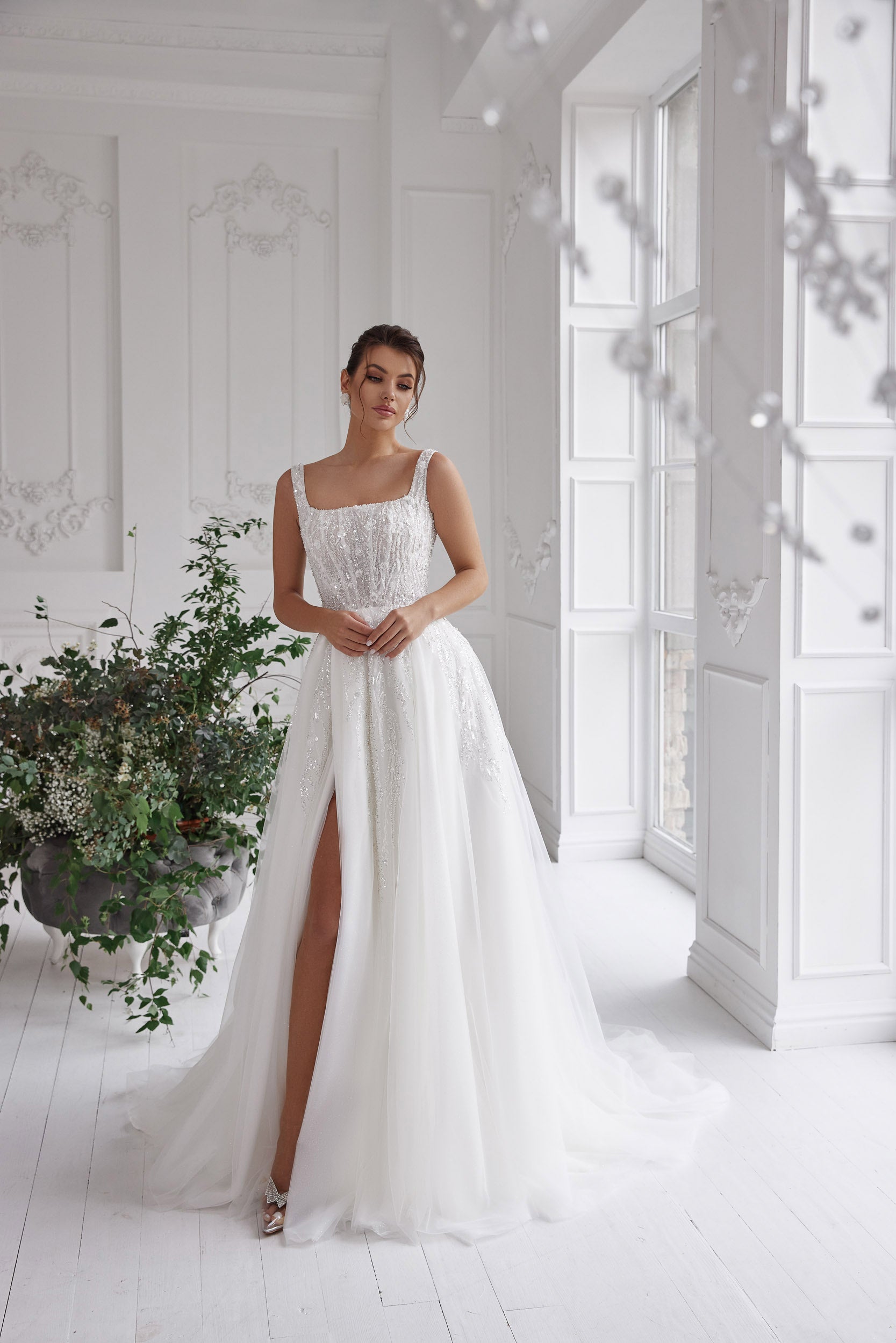 Sparkly A-Line Wedding Dress with Square Neckline