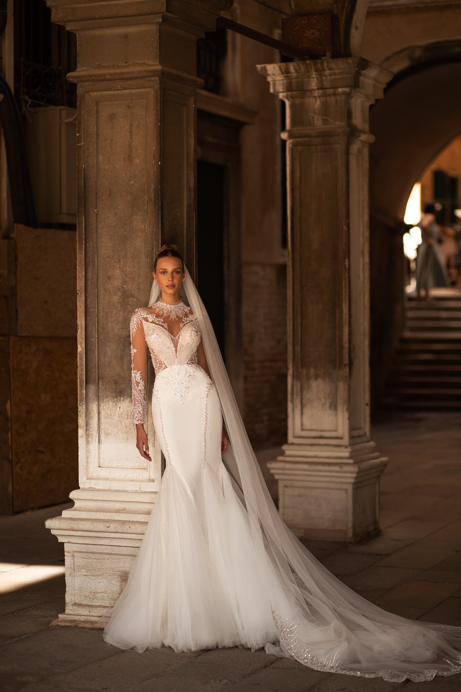 Stunning Mermaid Wedding Dress with Long Lace Sleeves, Amazing Lace Back, and Buttons Back - Tulle Skirt