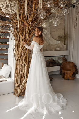Romantic A-Line Wedding Dress With Beaded Tulle Overlay, Off-the-Shoulder Neckline, Long Sleeves, Cathedral Train