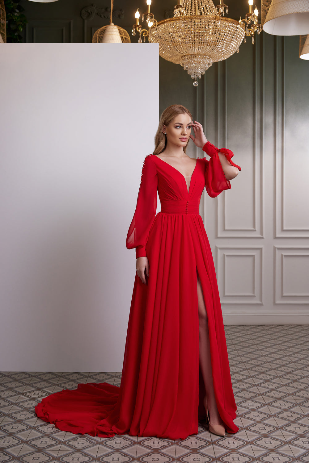 Women's Deep V-Neck Party Dress with Slit Skirt and Puffy Sleeves