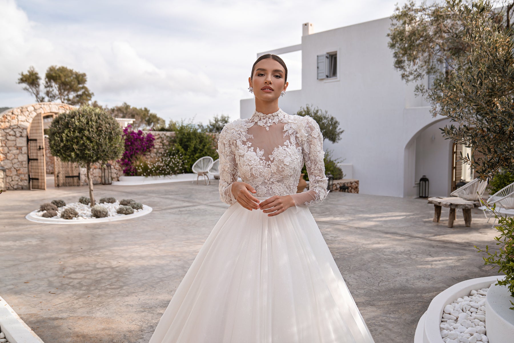 2-in-1 Lace Long Sleeve Ball Gown Wedding Dress with Satin Overskirt