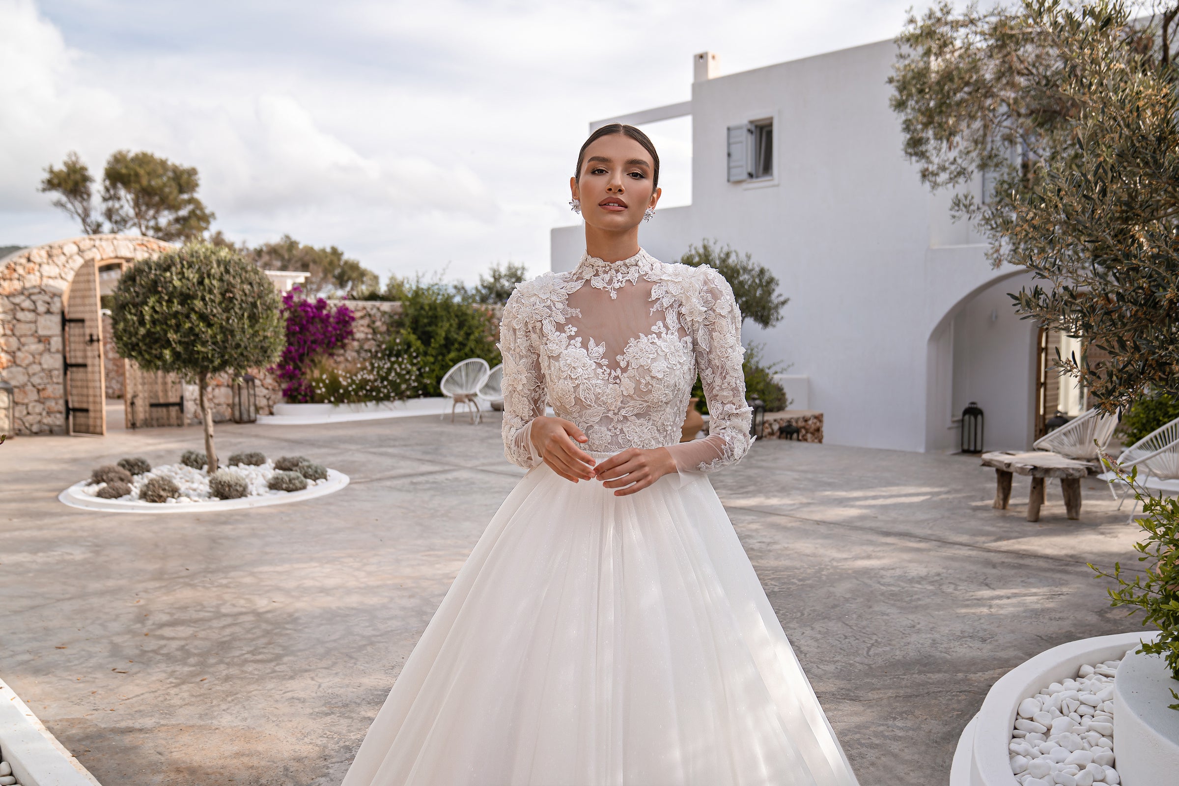 2-in-1 Lace Long Sleeve Ball Gown Wedding Dress with Satin Overskirt