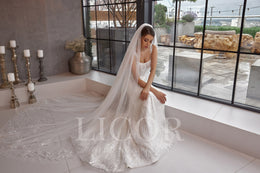Sheath Wedding Dress, Square Neckline, Sleeveless, Tulle With Beading And Sequins, Embellished Bodice, Sweep Train, Floor-Length, Romantic