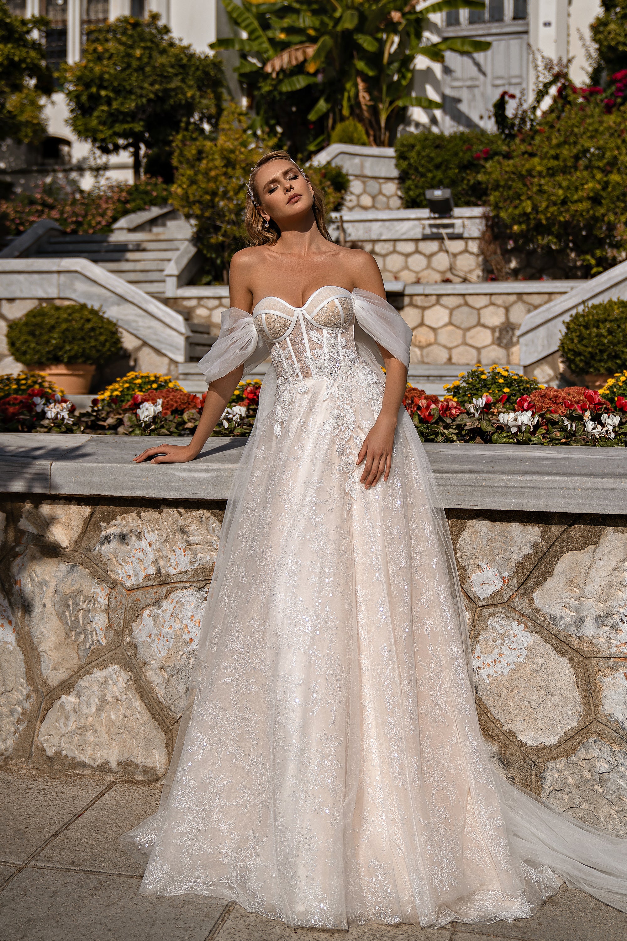 Romantic A-Line Wedding Dress with Detachable Straps, 3D Floral Appliqués and Beads, Pearls and Sequins