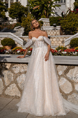 Romantic A-Line Wedding Dress with Detachable Straps, 3D Floral Appliqués and Beads, Pearls and Sequins