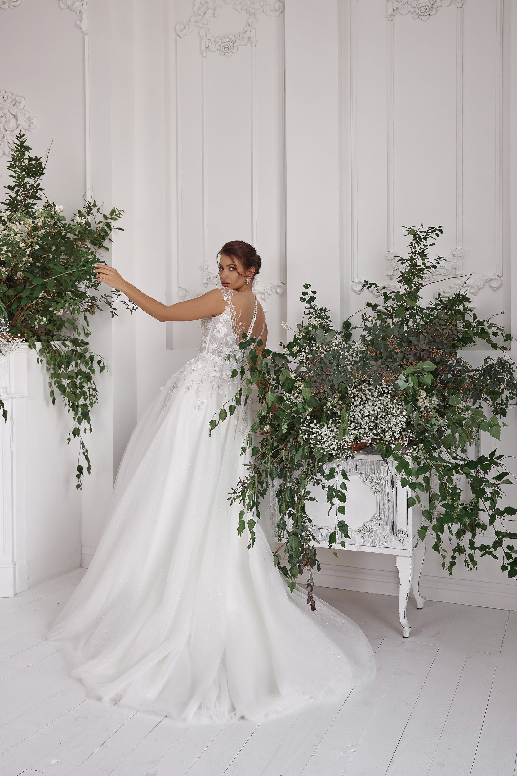 A-Line Wedding Dress with Illusion V-Neck Floral Bodice