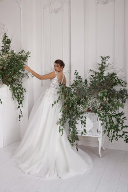 A-Line Wedding Dress with Illusion V-Neck Floral Bodice
