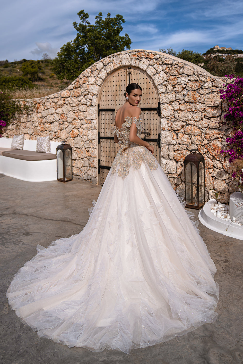 Luxurious Gold Guipure Off-the-Shoulder Wedding Dress with Fluffy Skirt, Glitter Ruffles, Lighting, and Embellished Straps