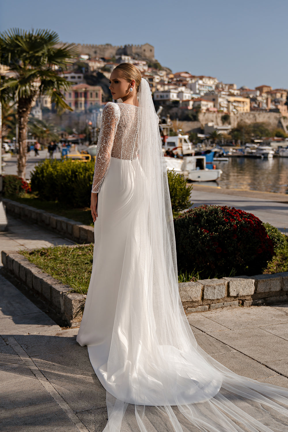 Mermaid Wedding Dress with Voluminous Buttoned Sleeves and Translucent Back - Double Soft Satin with Embroidered Guipure, Beads and Sequins, Handmade Belt with Beads and Sequins at Waist