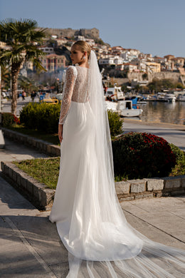 Mermaid Wedding Dress with Voluminous Buttoned Sleeves and Translucent Back - Double Soft Satin with Embroidered Guipure, Beads and Sequins, Handmade Belt with Beads and Sequins at Waist