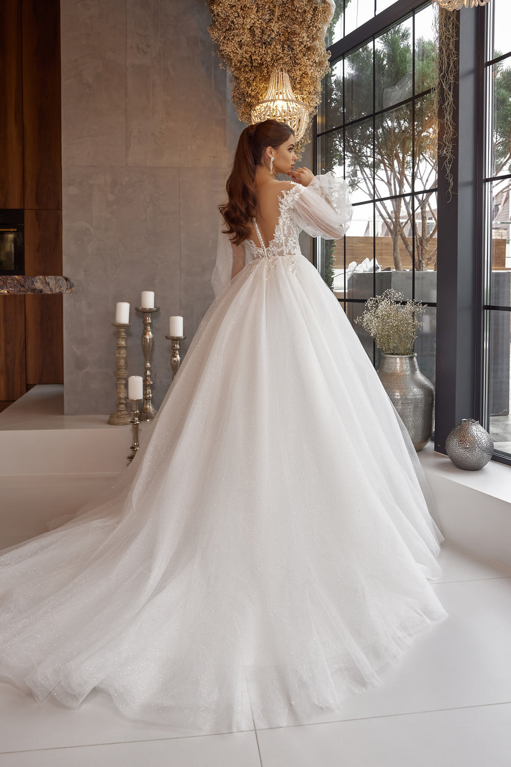 Ball Gown Wedding Dress in Tulle with Lace Appliqués and Beading, Off-The-Shoulder Illusion Neckline, Long Puff Sleeves, Cathedral Train