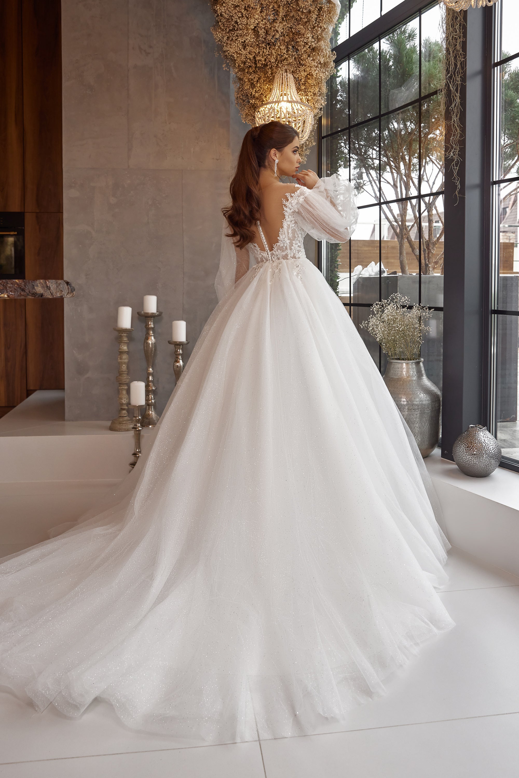 Ball Gown Wedding Dress in Tulle with Lace Appliqués and Beading, Off-The-Shoulder Illusion Neckline, Long Puff Sleeves, Cathedral Train