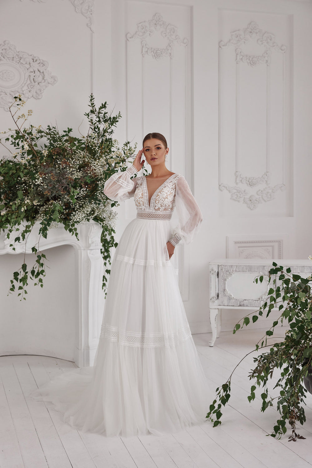 A-Line Wedding Dress with Lace Appliqués on Tulle, V-Neck Illusion Bodice, Long Sleeves in Sheer Lace, Cathedral Train, Romantic Style