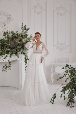 A-Line Wedding Dress with Bishop Sleeves and Lace Bodice