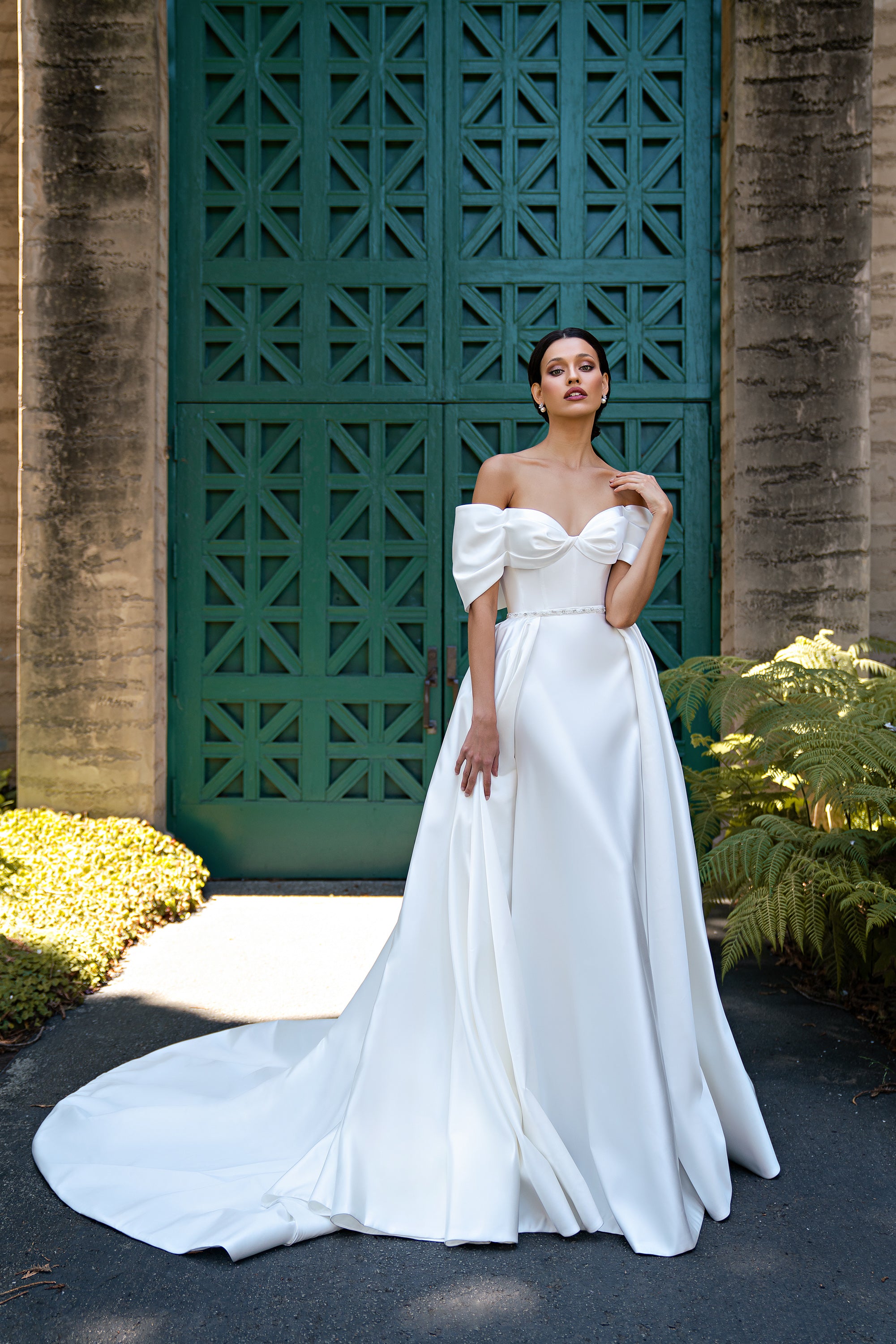 Sheath Wedding Dress with Off-the-Shoulder Bow Neckline