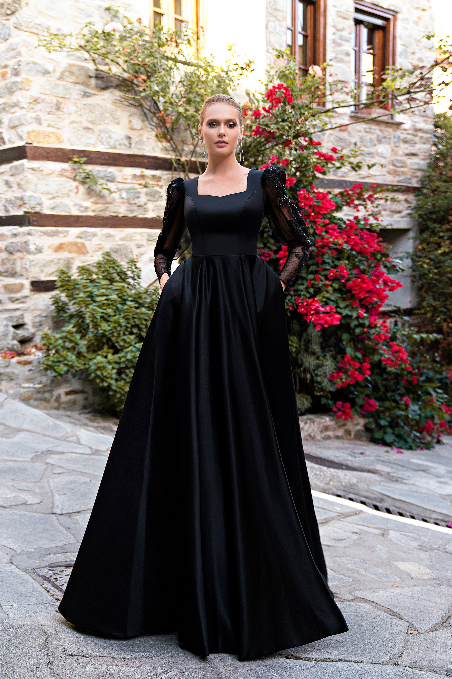 Women's Black Satin Party Dress with Long Sleeves and V-Back