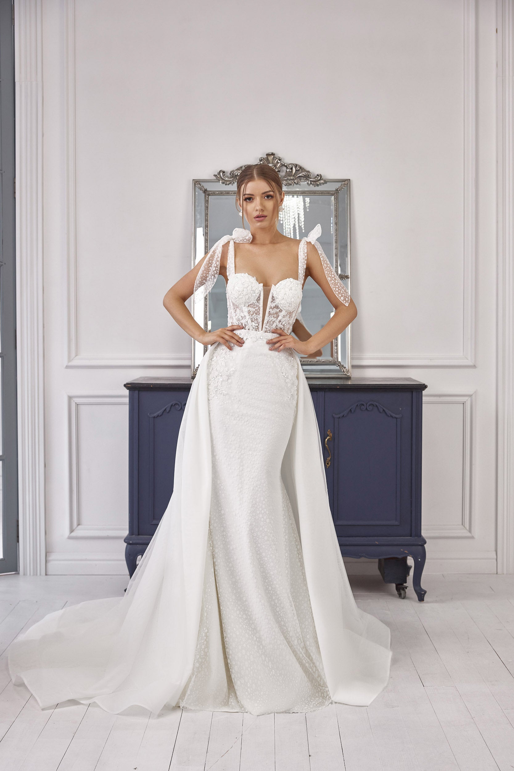 Sheath Wedding Dress with Beaded Bodice and Detachable Overskirt