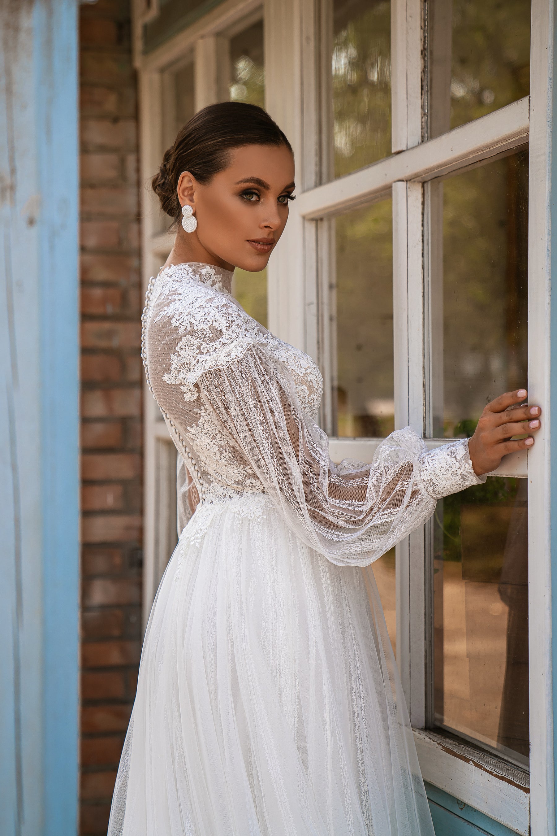 Romantic Boho Lace Wedding Dress with High Neckline and Polka Dot Tulle Skirt and Removable Balloon Sleeves