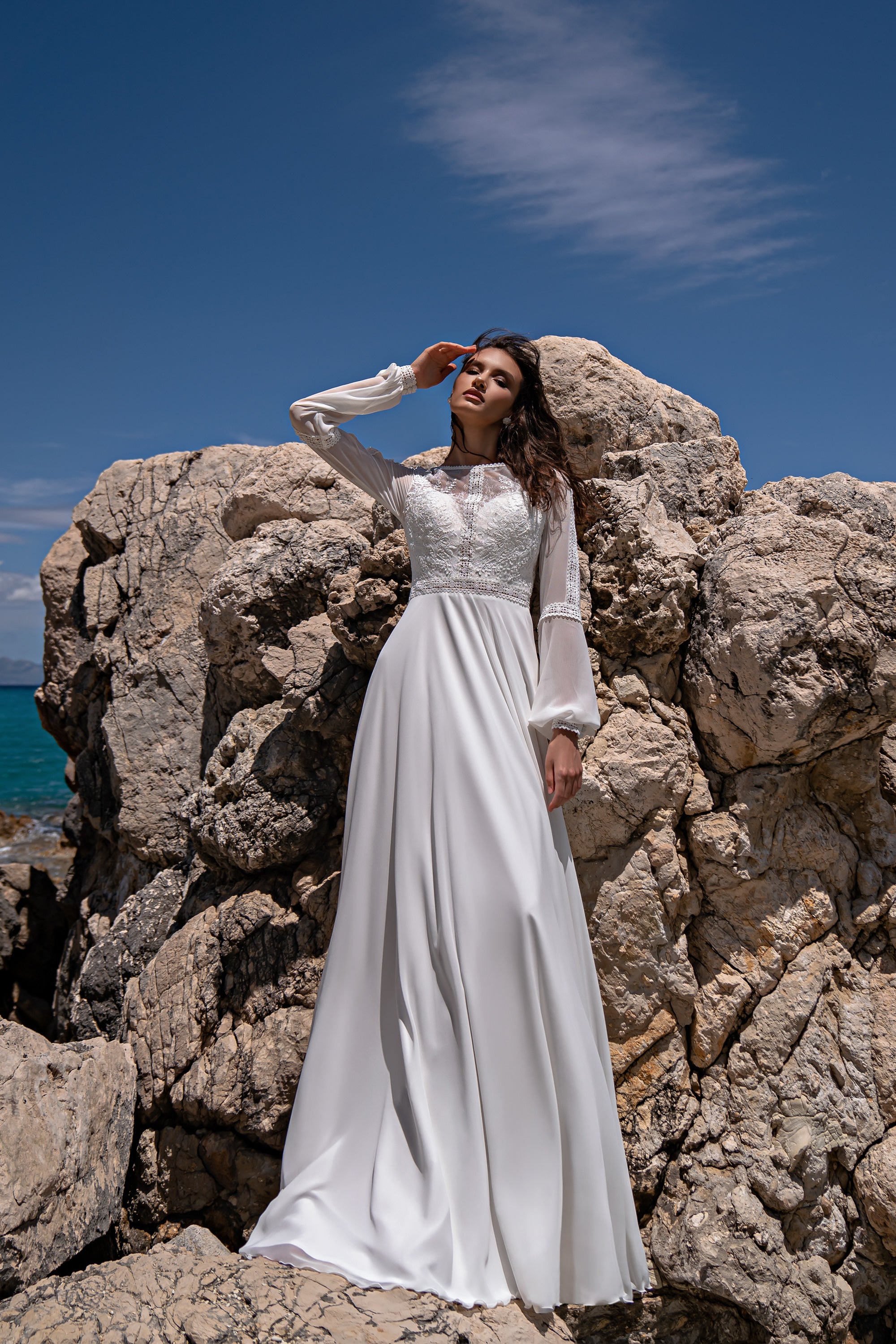 A-Line Wedding Dress with Illusion Lace Bodice and Bishop Sleeves