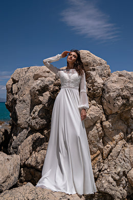 A-Line Wedding Dress with Illusion Lace Bodice and Bishop Sleeves