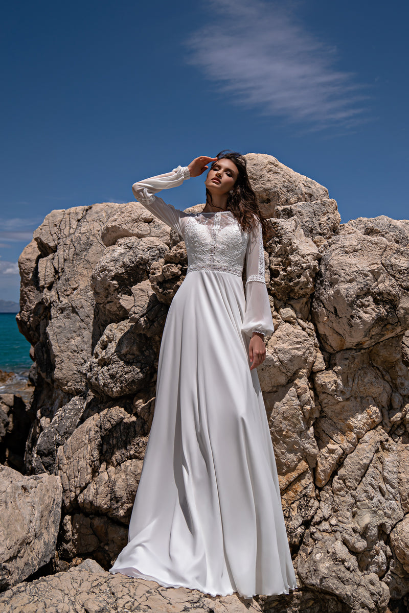 A-Line Wedding Dress with Illusion Lace Bodice and Bishop Sleeves