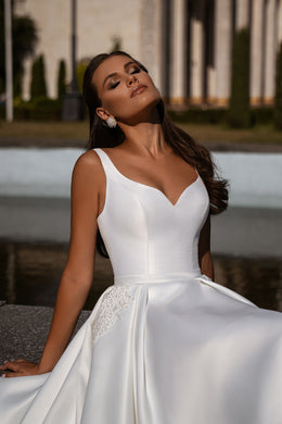 Mikado Ball Gown Wedding Dress with Detachable Lace Bolero and Pockets