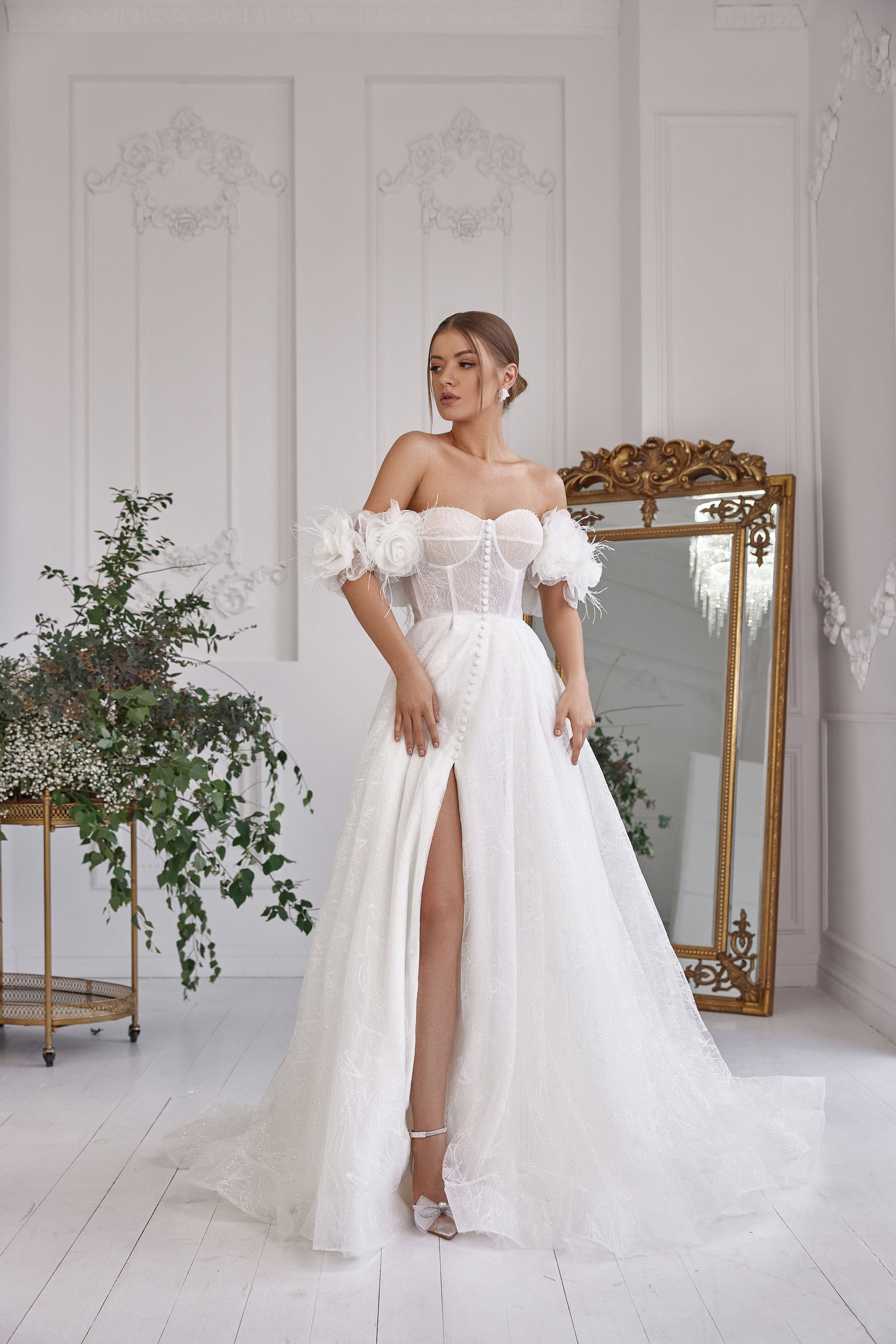 A-Line Wedding Dress with Off-the-Shoulder Floral Sleeves