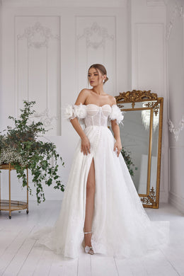 A-Line Wedding Dress with Off-the-Shoulder Floral Sleeves