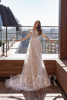 A-Line Wedding Dress With Floral Lace Appliqués, Illusion Neckline, Long Sleeves, Lace Over Tulle, Cathedral Train, Floor-Length, Romantic