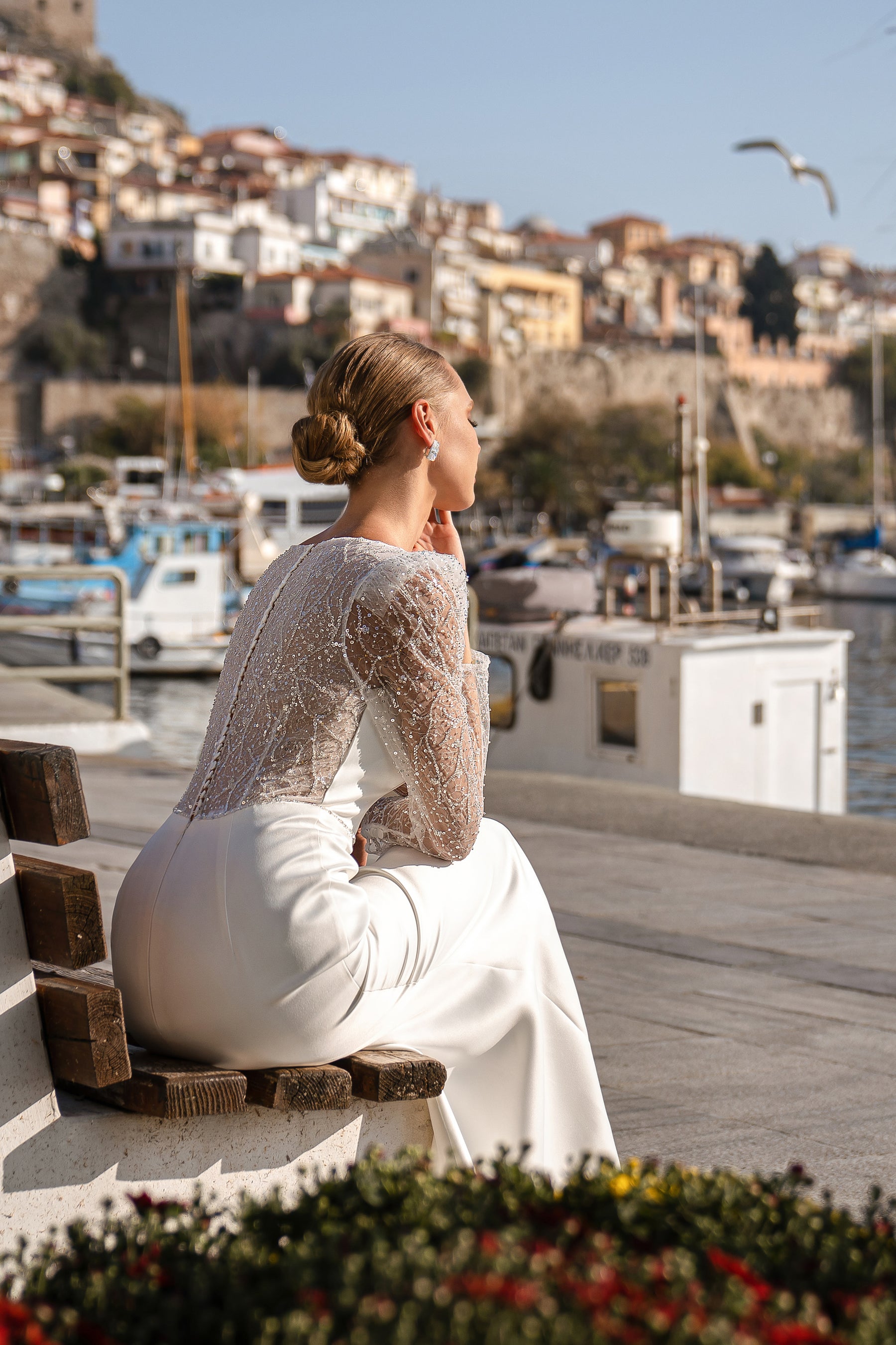 Mermaid Wedding Dress with Voluminous Buttoned Sleeves and Translucent Back - Double Soft Satin with Embroidered Guipure, Beads and Sequins, Handmade Belt with Beads and Sequins at Waist