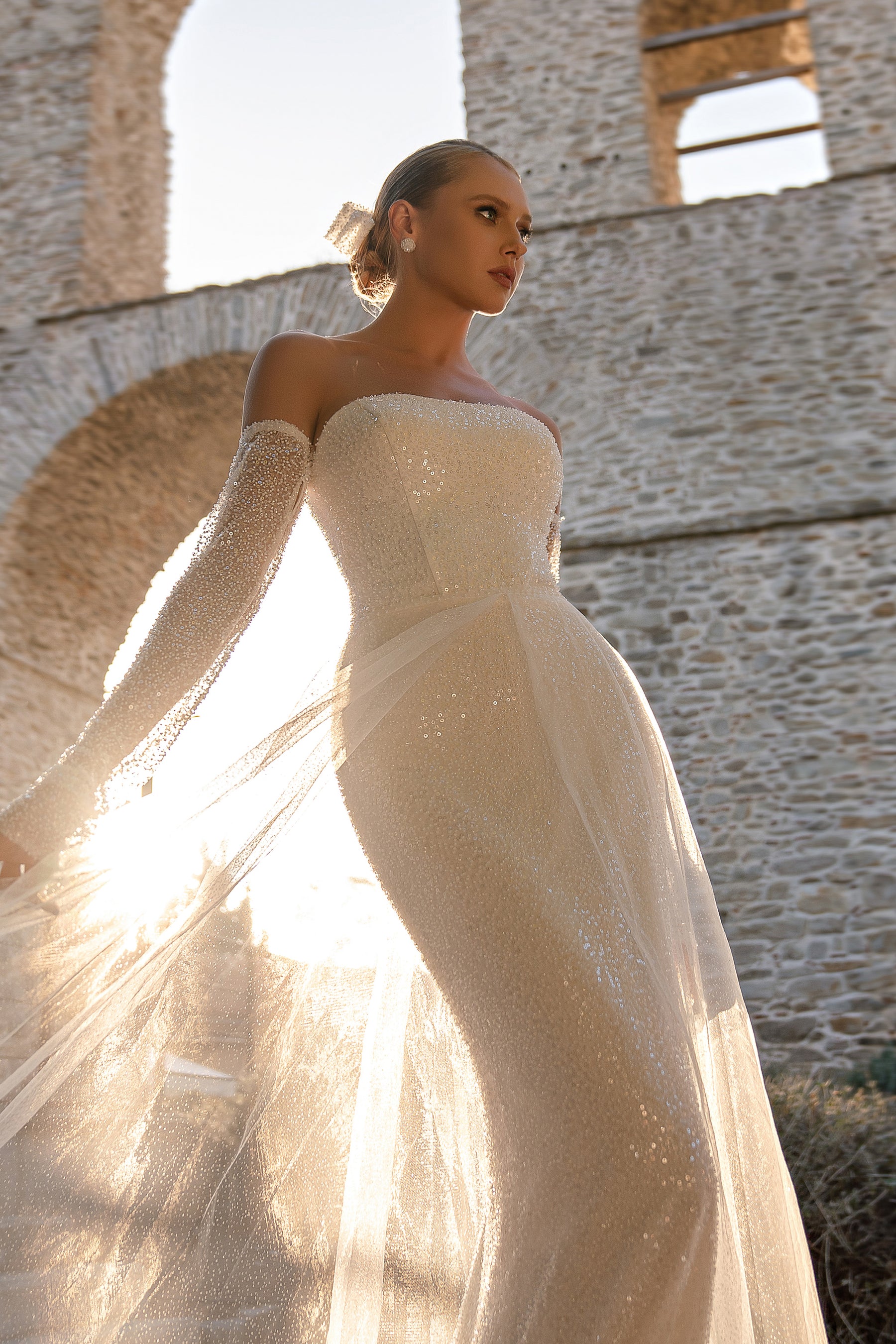 Mermaid Wedding Dress with Detachable Glitter Tulle Overskirt