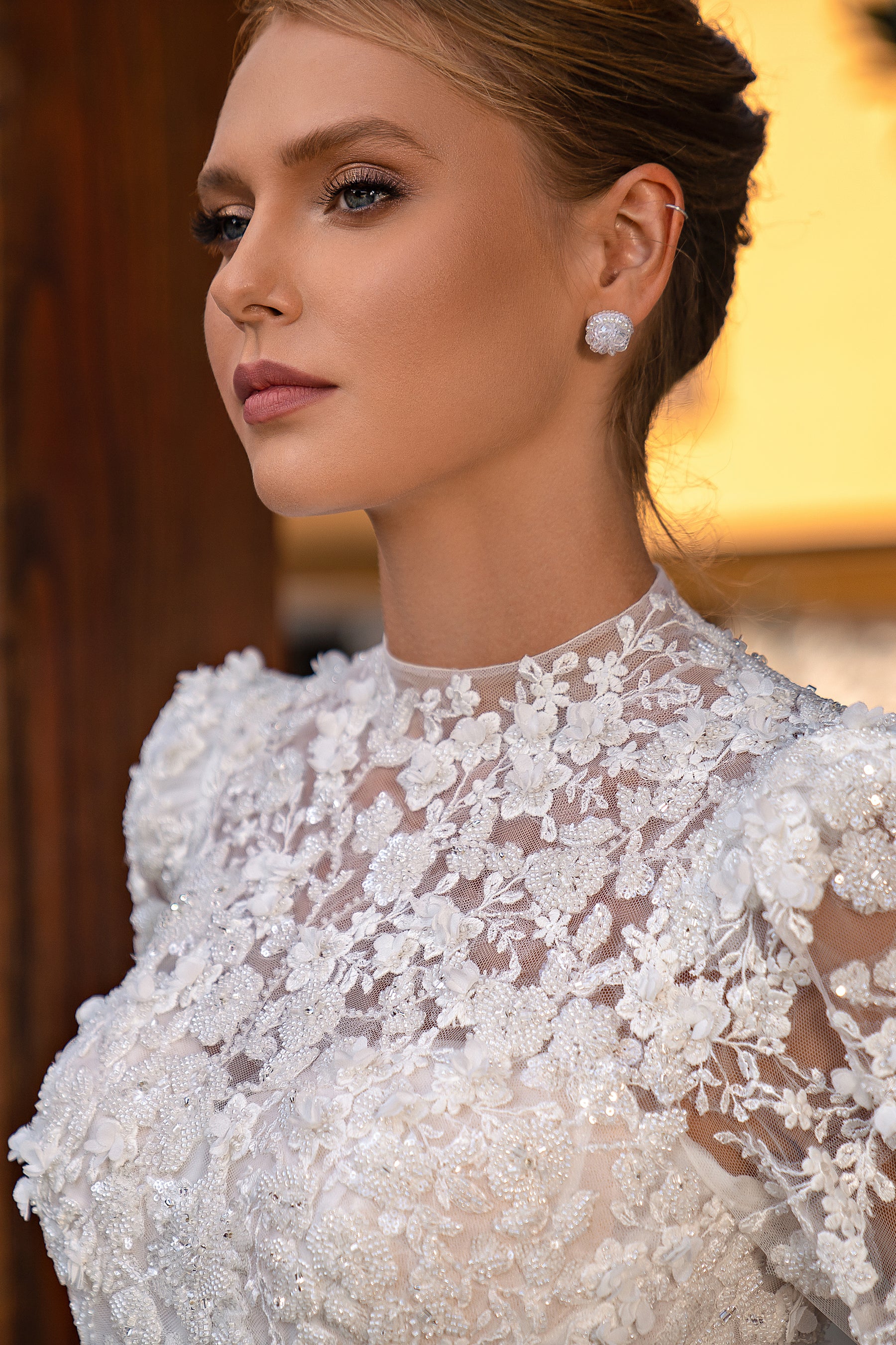 Romantic Wedding Dress with Voluminous Buttoned Sleeves and Sparkling Skirt with Train - Embroidered 3D Guipure with Beads, Rhinestones and Sequins