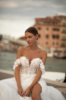 Elegant A-Line Wedding Gown with Tulle Fabric, Slit Skirt, V-Neck, Off-the-Shoulder, 3D Lace, Court Train, Lacing Back, and Low Back