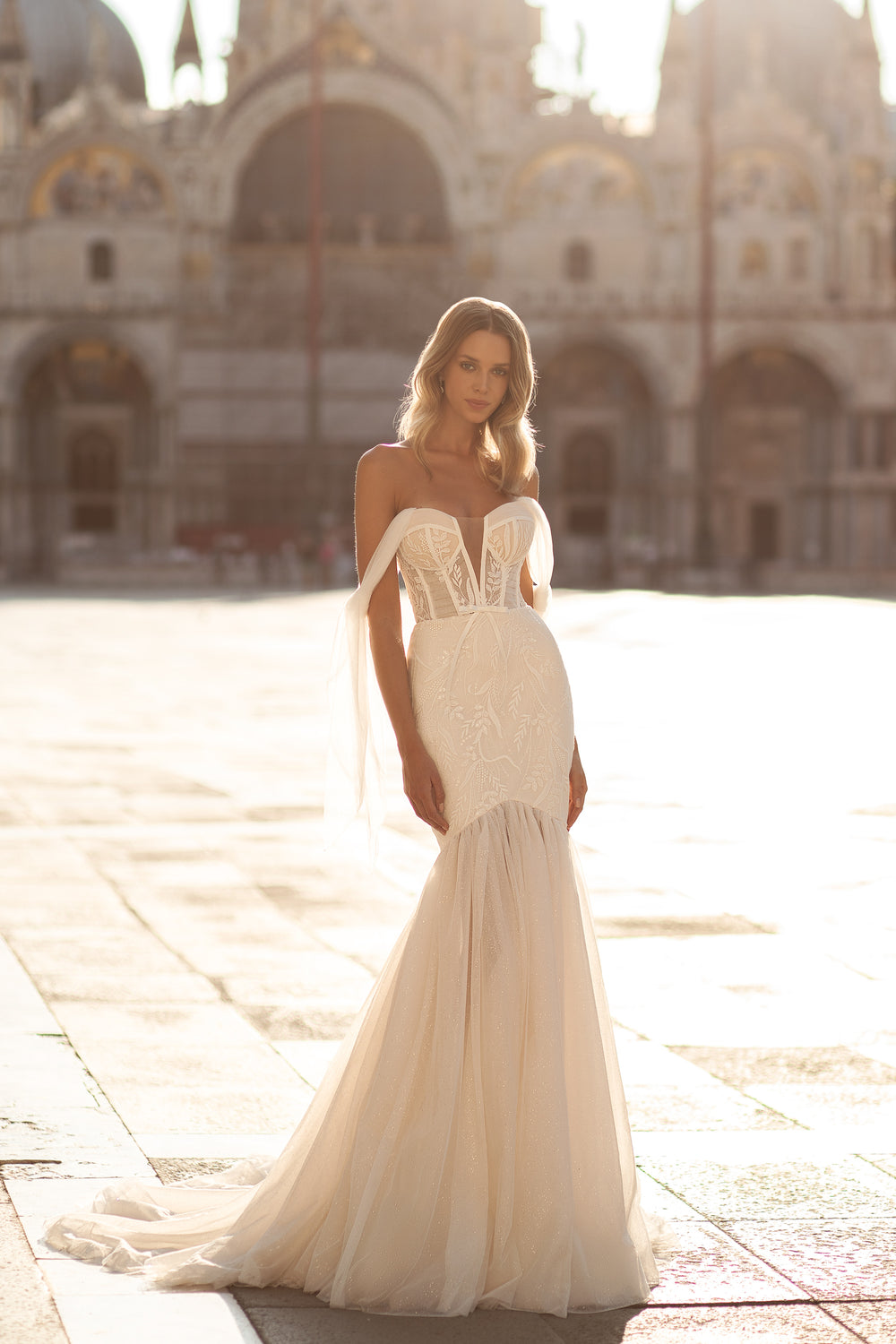 Light Tulle Mermaid Dress with Deep V-Neck, Off Shoulders, and Zipper Back