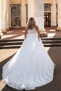 A-Line Wedding Dress with Plunging V-Neck and Floral Lace Appliqués