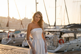 Mikado Ball Gown with Modern Corset Design, Hand-Embroidered with Pearls and Beads, Short Transparent Sleeves with Pearls, and Voluminous Bow at Back