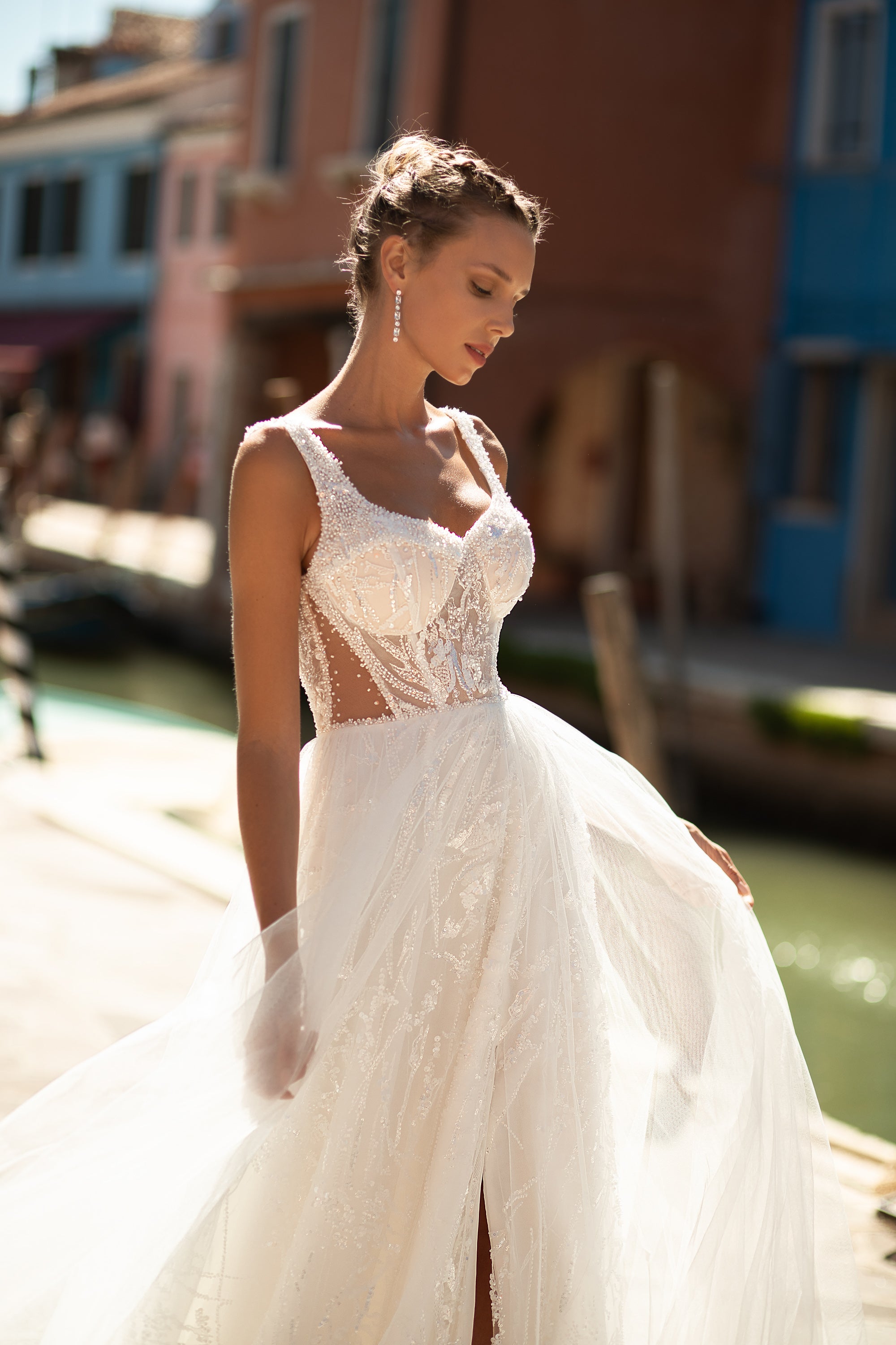 Gorgeous A-Line Wedding Dress with Light Tulle, Zipper Back, Low Back, Transparent Corset, Straps, and Sparkle Lace