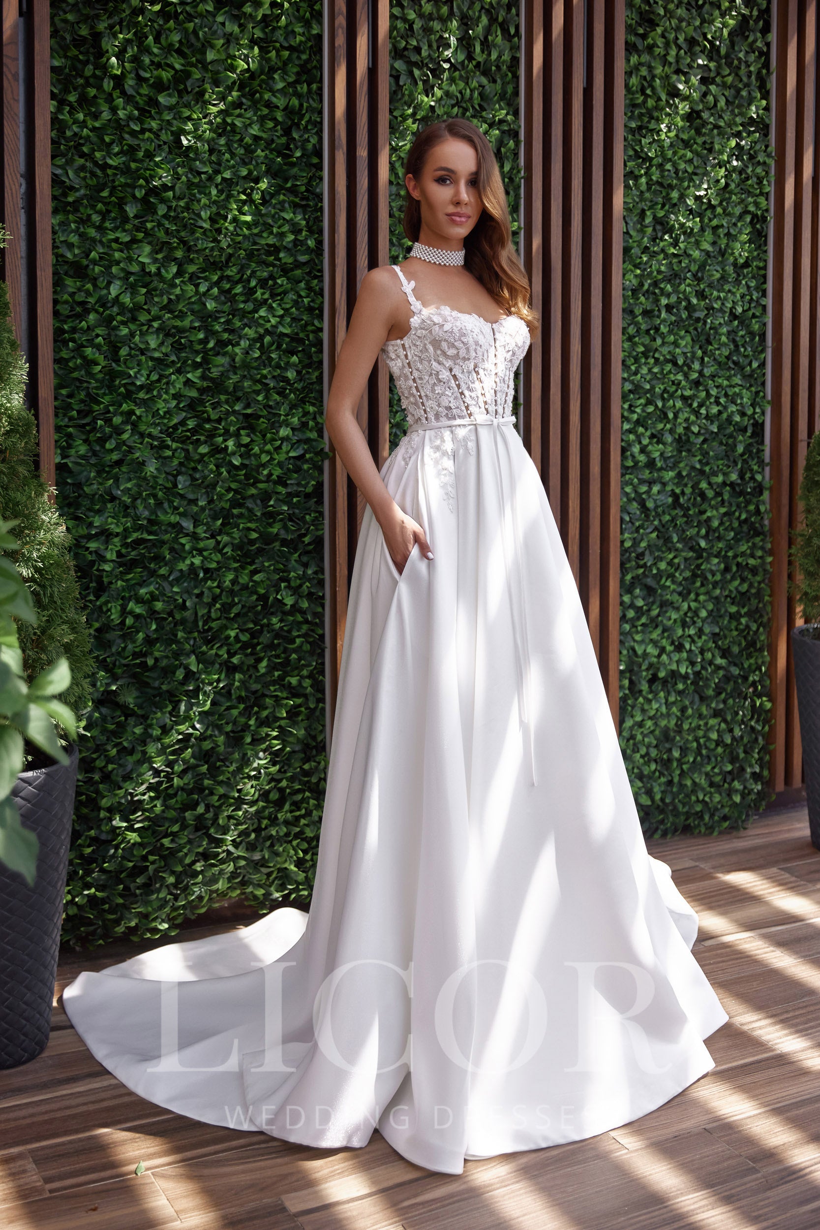 Romantic A-Line Wedding Dress With Satin Skirt, Lace Appliqués And Beading, Sweetheart Neckline, Sleeveless, Cathedral Train