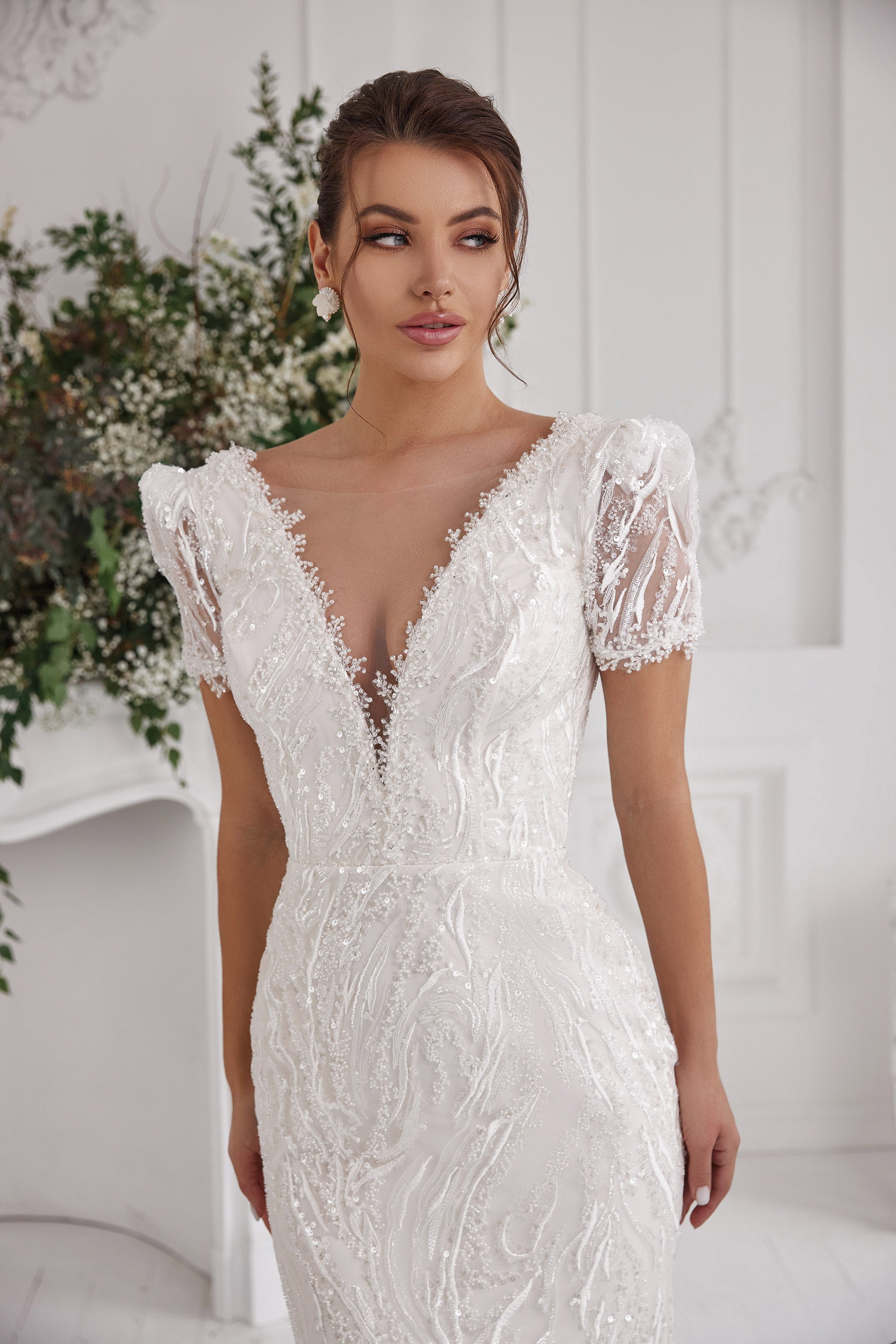 Sheath Wedding Dress with Beaded Lace and Puff Sleeves