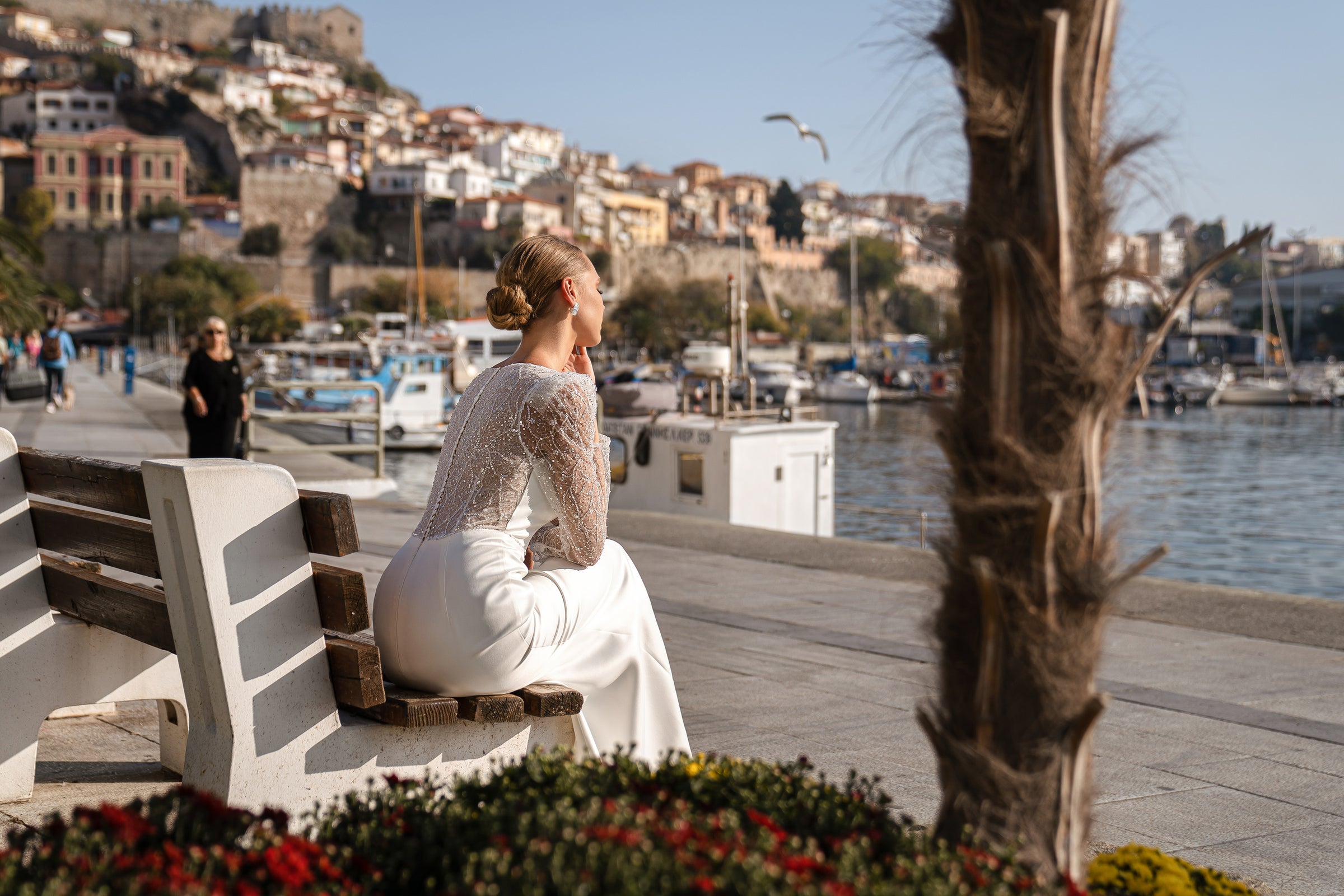 Mermaid Wedding Dress with Voluminous Buttoned Sleeves and Translucent Back - Double Soft Satin with Embroidered Guipure, Beads and Sequins, Handmade Belt with Beads and Sequins at Waist