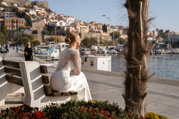 Mermaid Wedding Dress with Voluminous Buttoned Sleeves and Translucent Back - Double Soft Satin with Embroidered Guipure, Beads and Sequins, Handmade Belt with Beads and Sequins at Waist