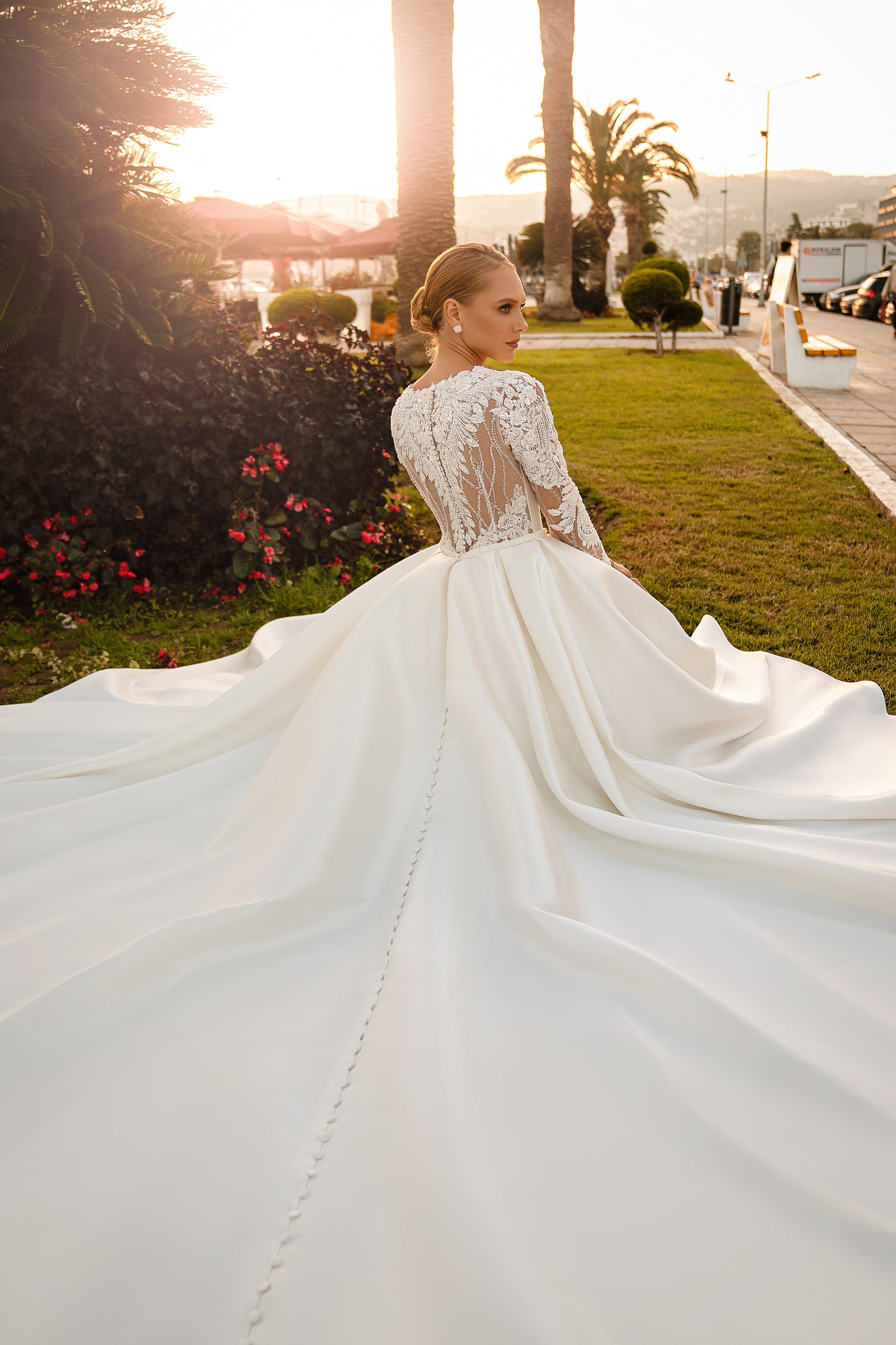 Mikado Gown with Sequined Tulle Sleeves, Embroidered Guipure with Beads and Sequins, Swarovski Crystal Belt, and Buttons with Train - Bridal Look