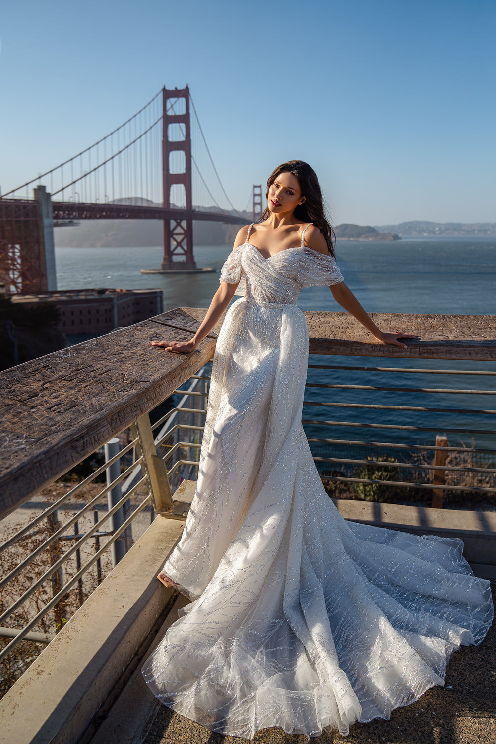 Romantic Bridal Set - Guipure Mermaid Dress with Detachable Satin Train and Embroidered Silver Beads and Sequins