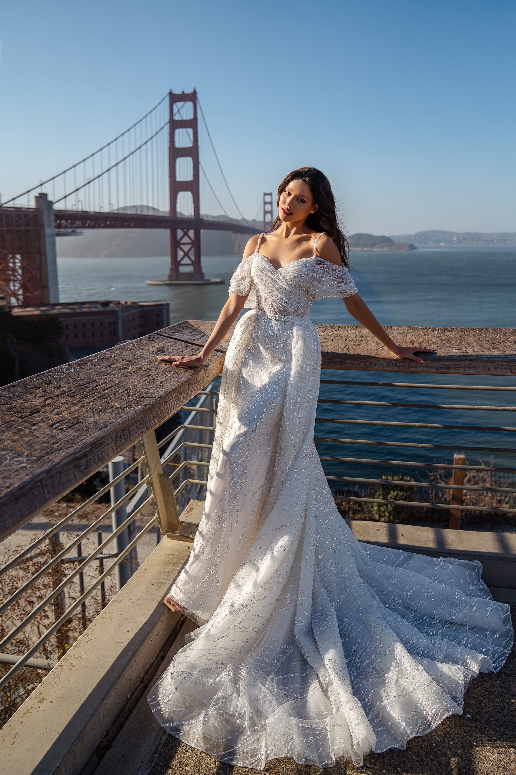 Sheath Wedding Dress with Off-the-Shoulder Draped Bodice