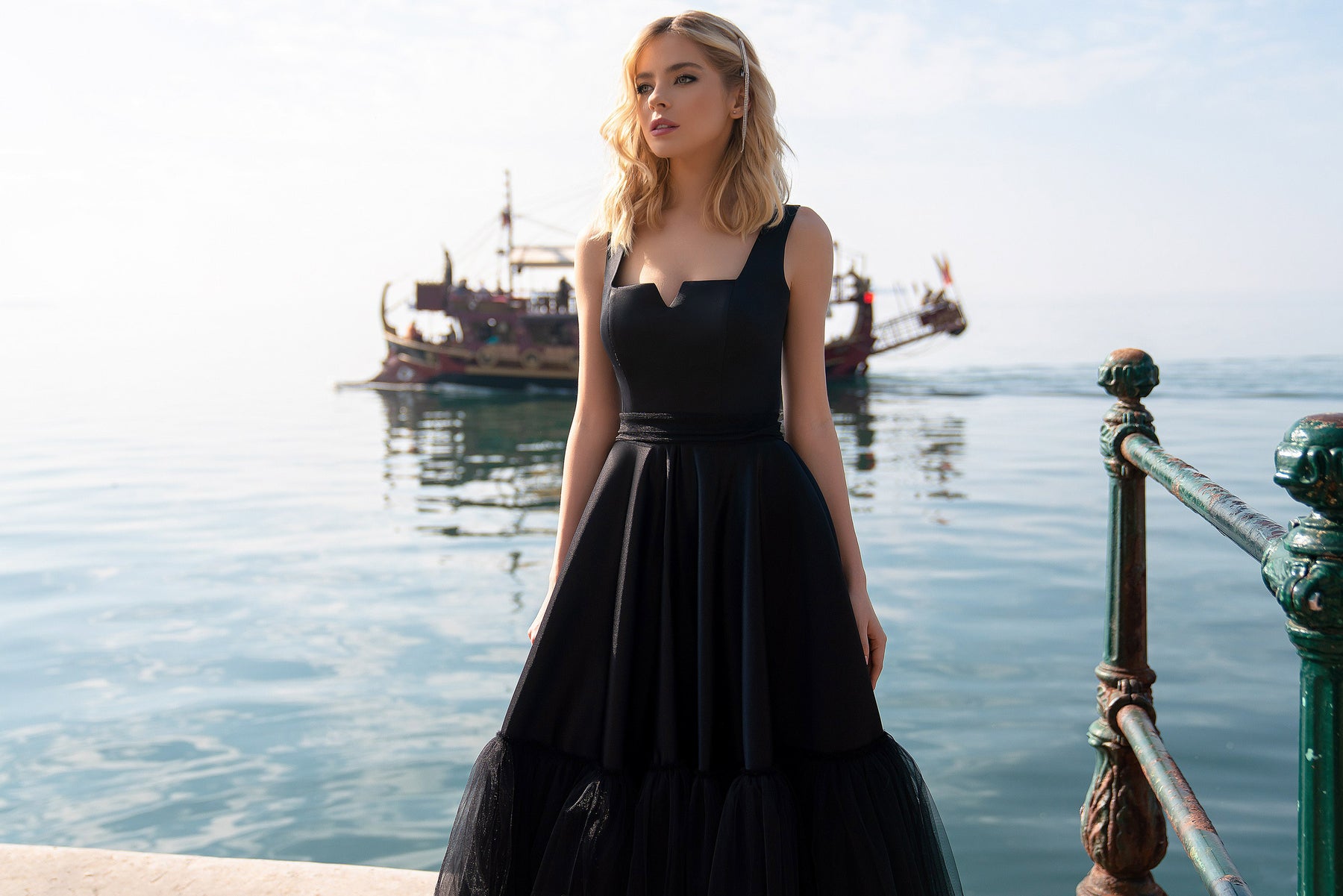 Women's Pink Party and Black Tulle Evening Dress
